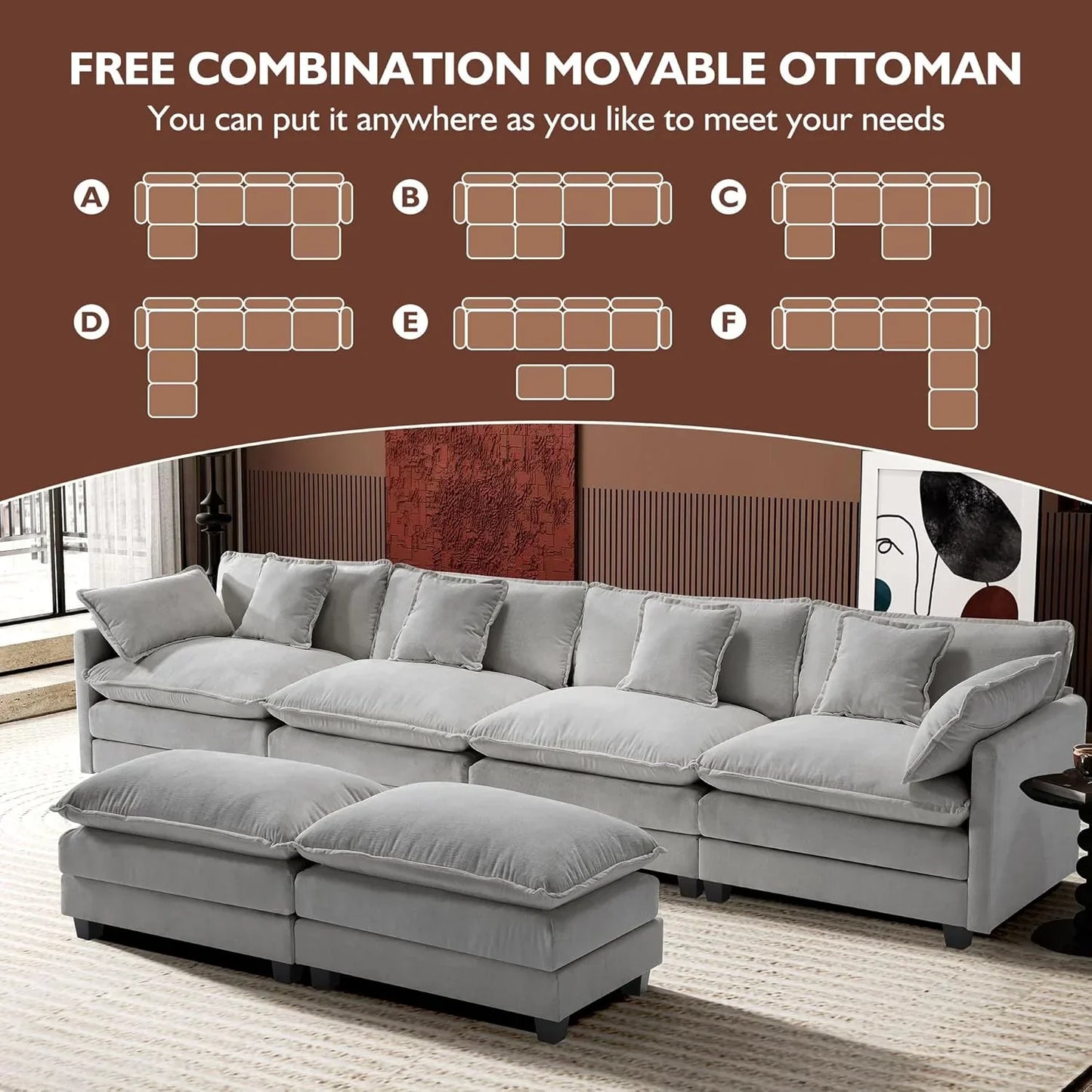 111.4 Inch L Shaped Modern Sofa Modular Cloud Sofa with Ottoman 4 Seater Chenille Deep Seat Sofa