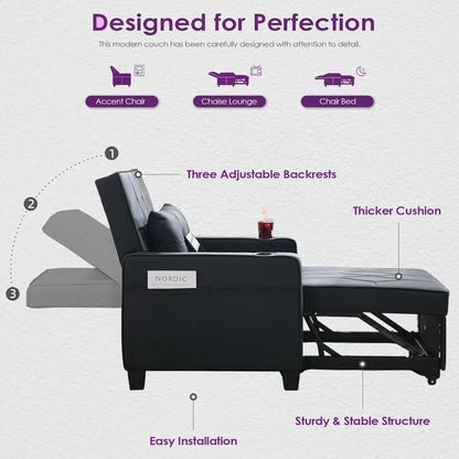 Adult Convertible Sleeper Chair Bed 3-in-1 Pull-Out Sofa Bed with USB/Type-C Ports Cup Holders