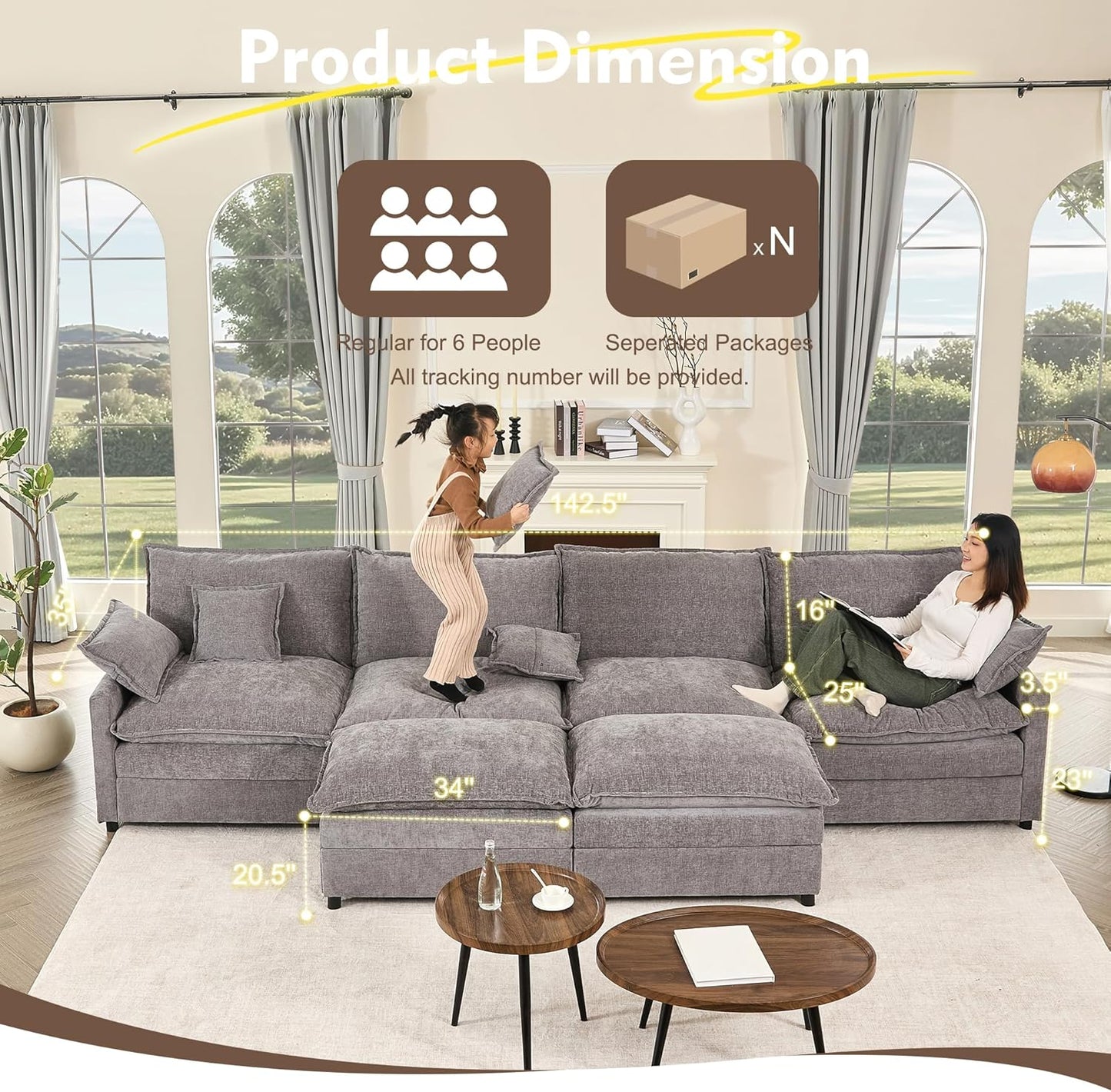 108 Inch U Shape Sofa Sectional Sofa Comfortable Cloud Sofa with Removable Footstool