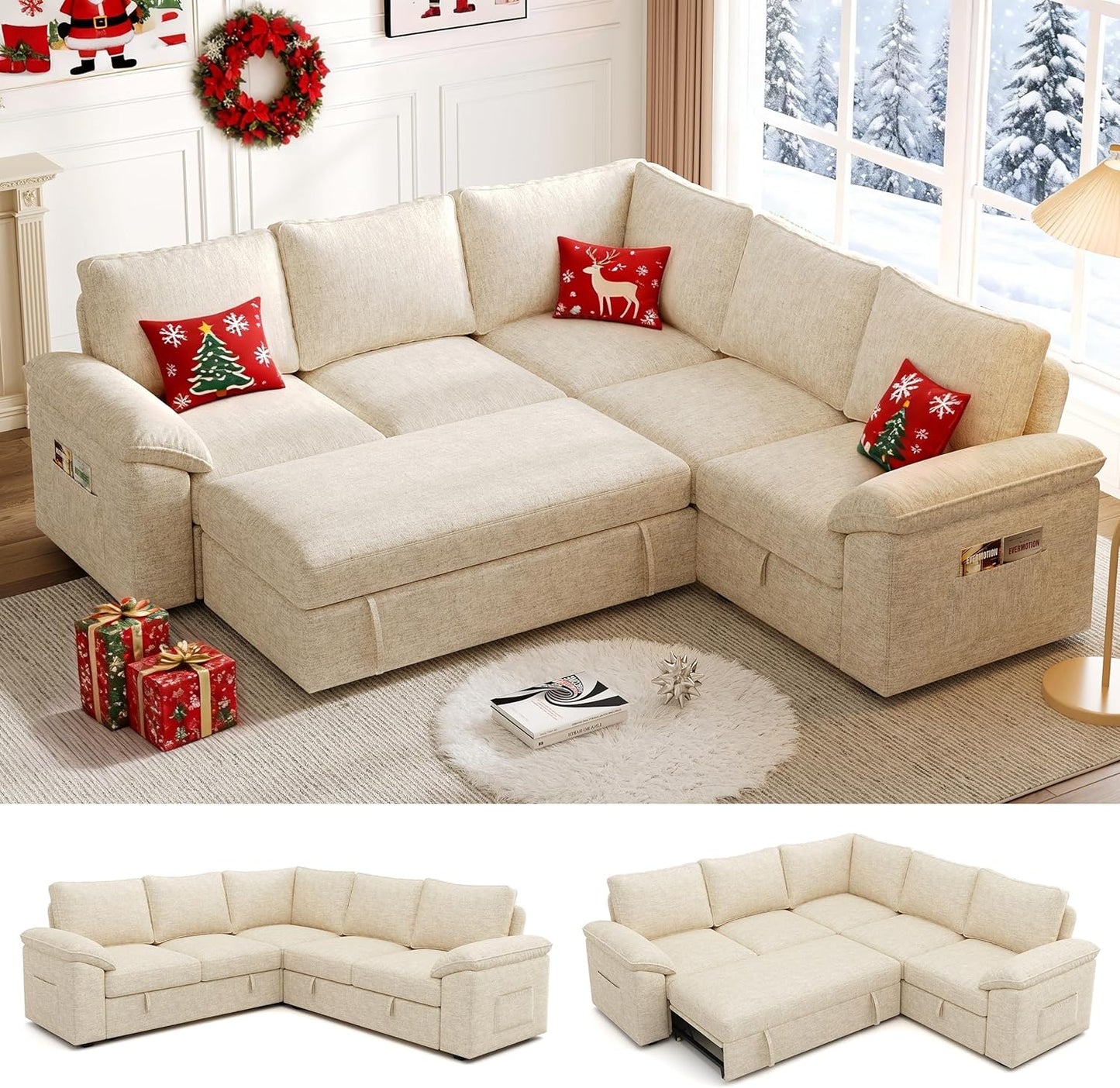 108 Inch Sectional Sleeper Sofa with Pull Out Bed, U Shaped 7 Seat Modular Sectional Sofa