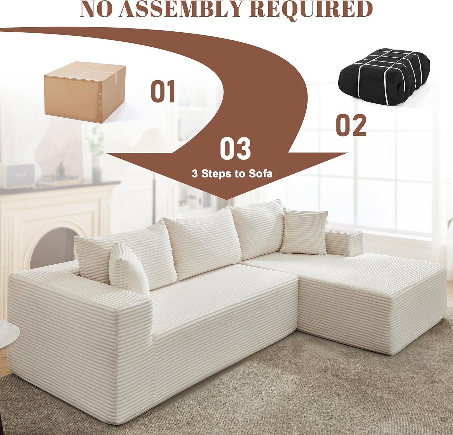 110 Cloud Sectional Couch, Boneless Sofa for Living Room Modular Sectional Sofa with Deep Seat
