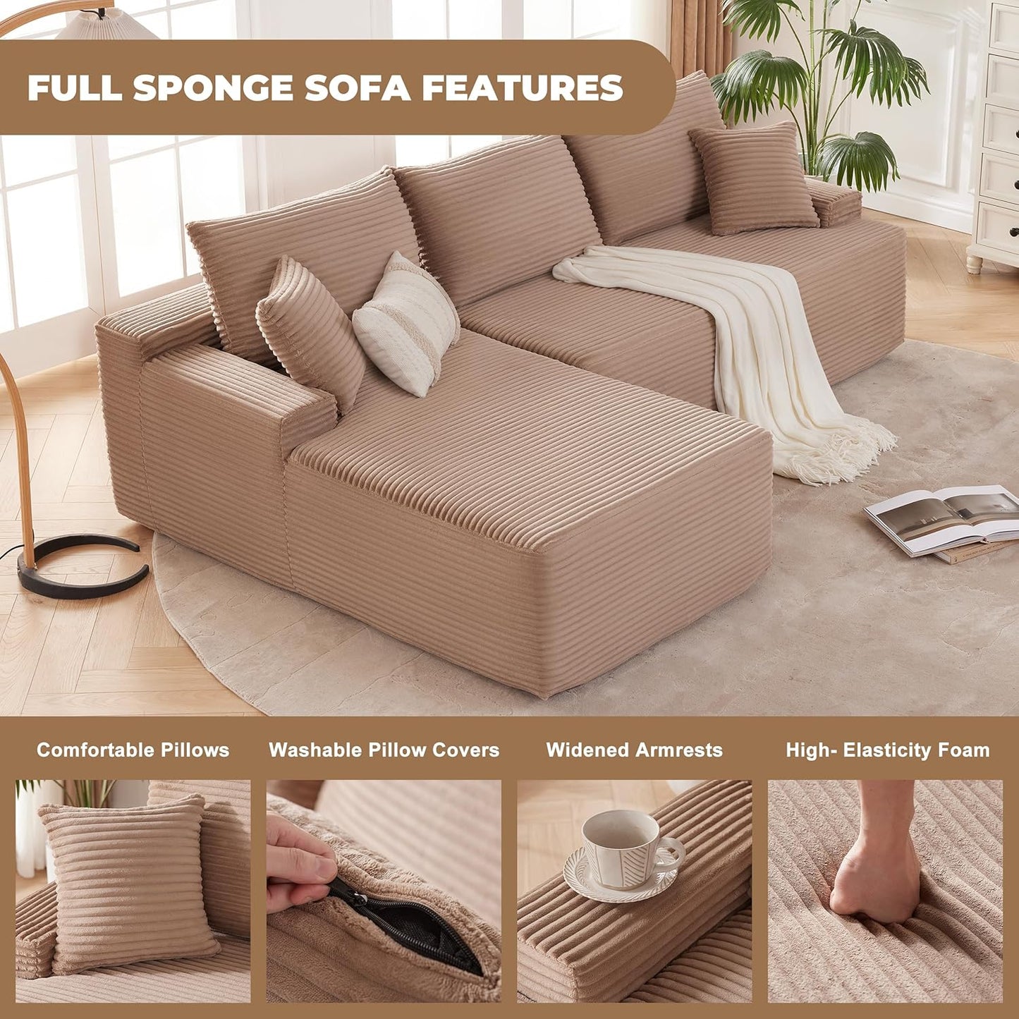 110 Cloud Sectional Couch, Boneless Sofa for Living Room Modular Sectional Sofa with Deep Seat