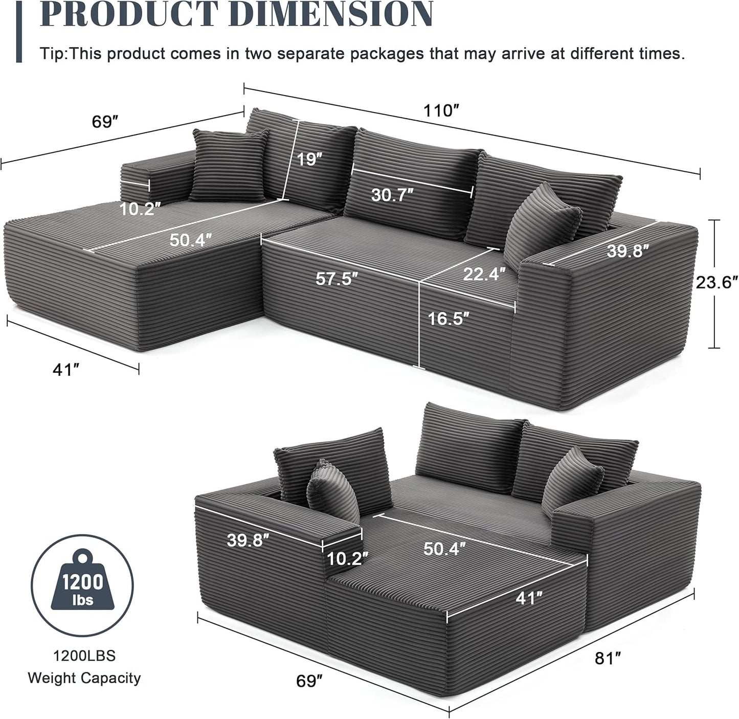 110 Cloud Sectional Couch, Boneless Sofa for Living Room Modular Sectional Sofa with Deep Seat