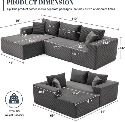 110 Cloud Sectional Couch, Boneless Sofa for Living Room Modular Sectional Sofa with Deep Seat