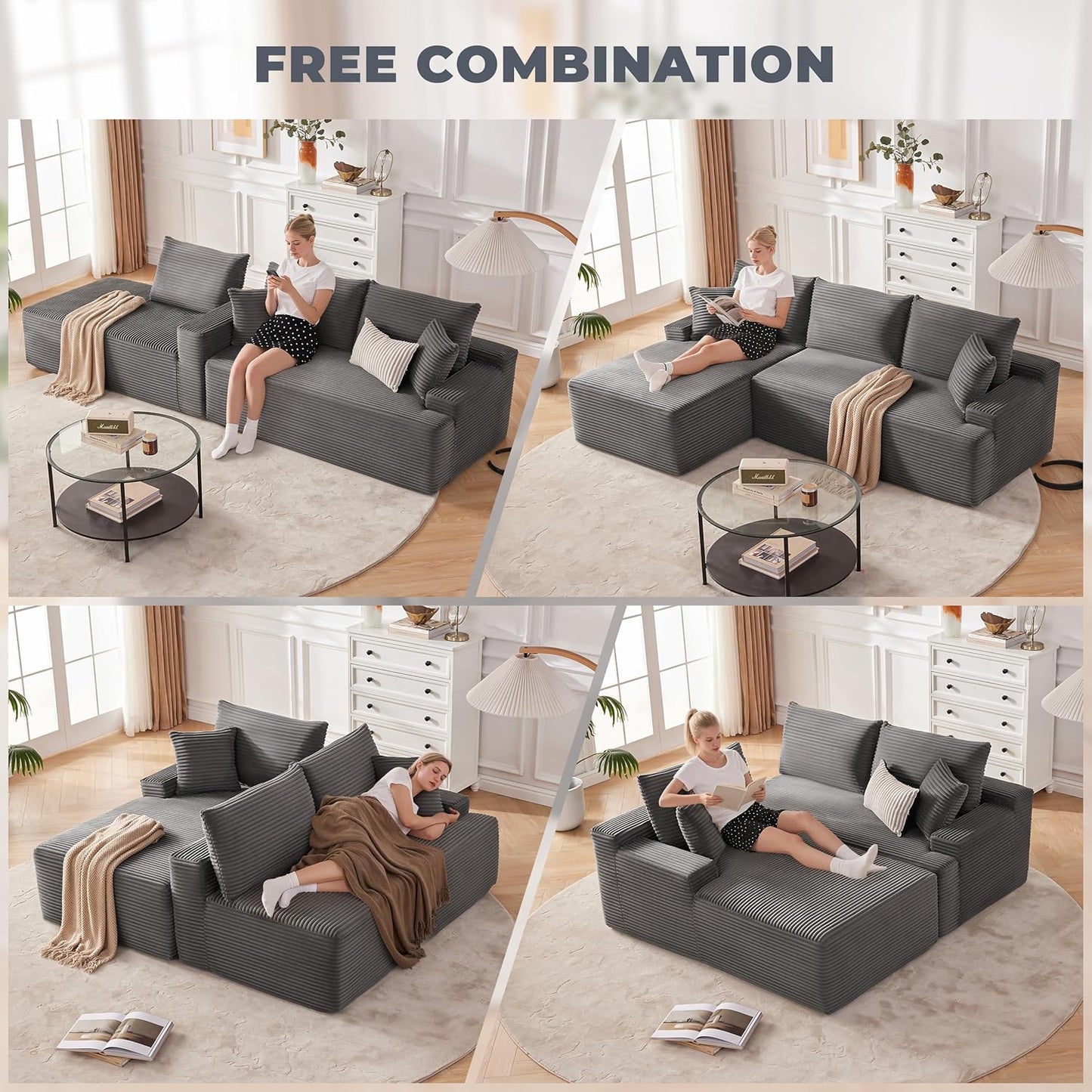 110 Cloud Sectional Couch, Boneless Sofa for Living Room Modular Sectional Sofa with Deep Seat
