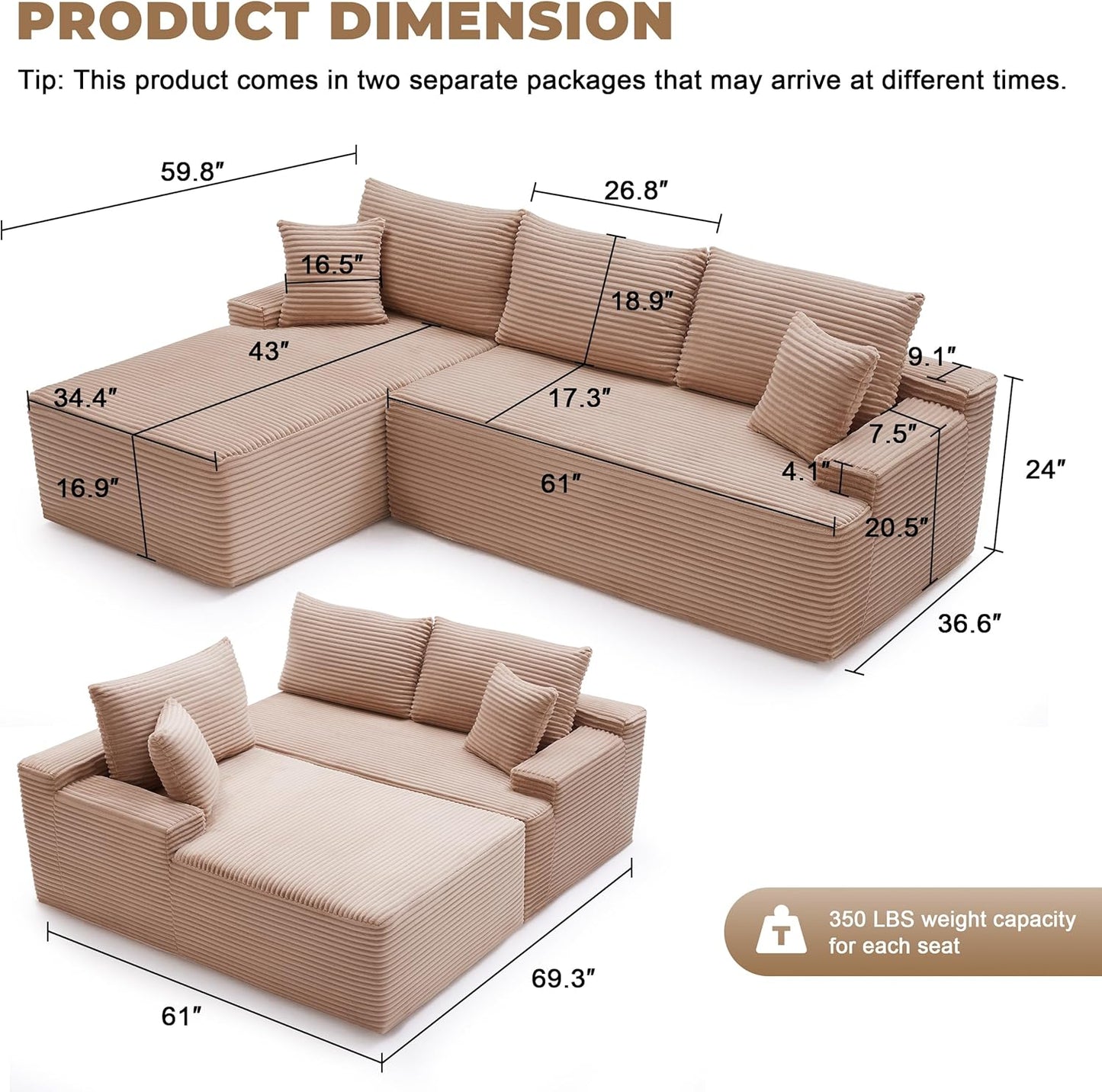 110 Cloud Sectional Couch, Boneless Sofa for Living Room Modular Sectional Sofa with Deep Seat