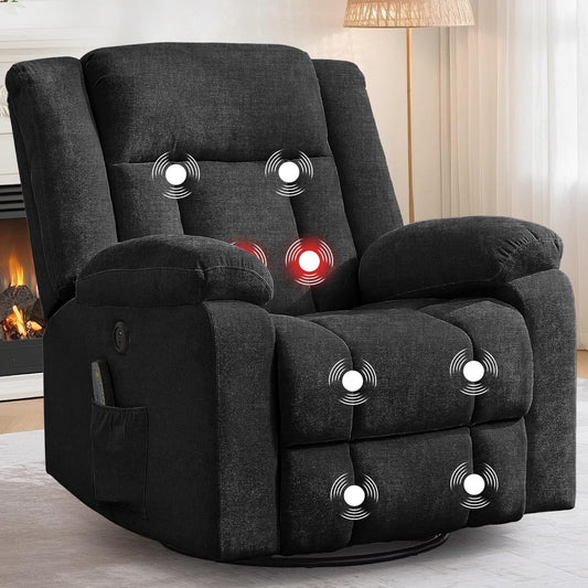 Adult rocking chair, gliding recliner, 360° rotating rocking chair with massage and heating function