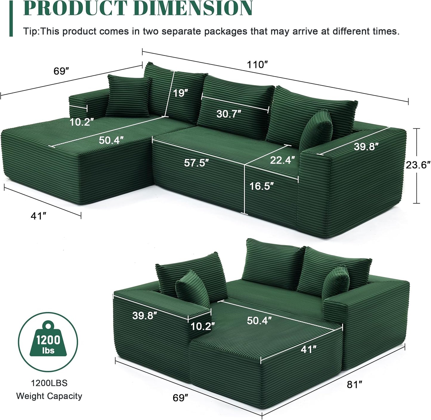 110 Cloud Sectional Couch, Boneless Sofa for Living Room Modular Sectional Sofa with Deep Seat