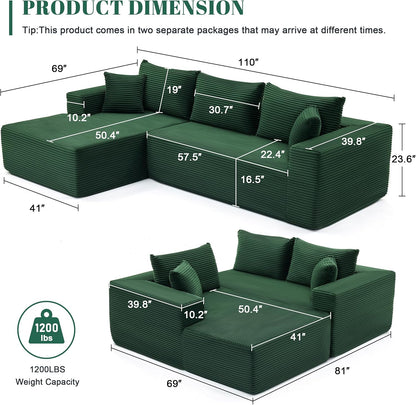 110 Cloud Sectional Couch, Boneless Sofa for Living Room Modular Sectional Sofa with Deep Seat