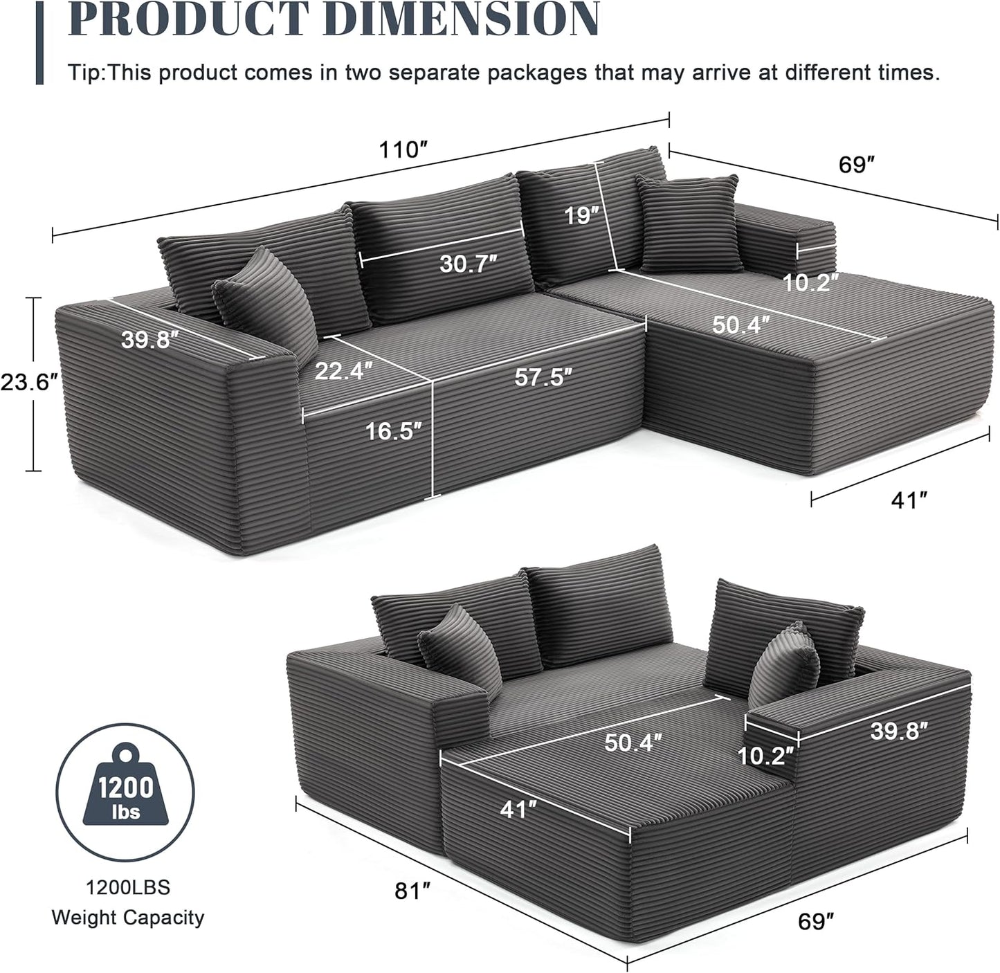 110 Cloud Sectional Couch, Boneless Sofa for Living Room Modular Sectional Sofa with Deep Seat