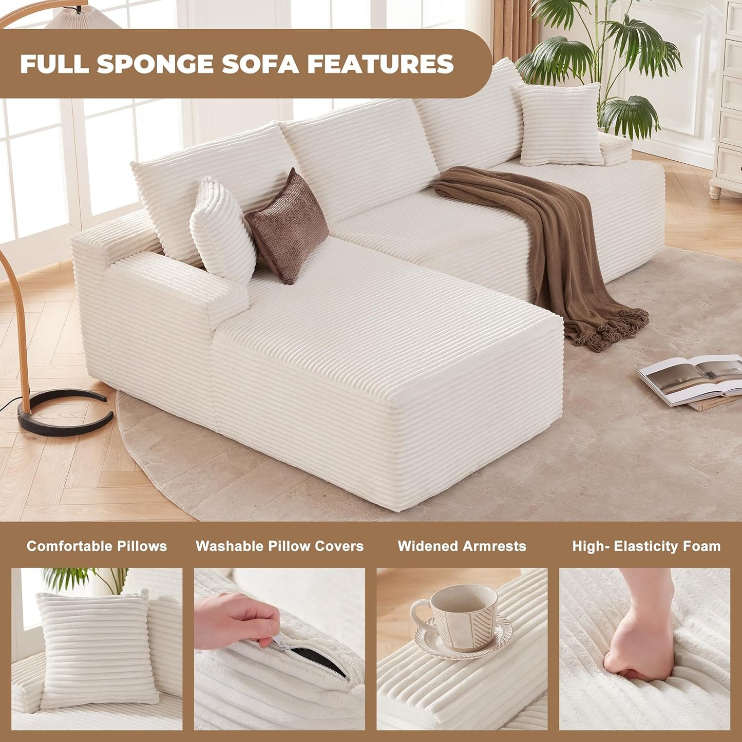 110 Cloud Sectional Couch, Boneless Sofa for Living Room Modular Sectional Sofa with Deep Seat