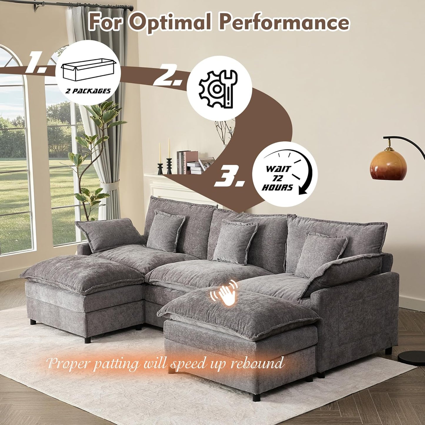 108 Inch U Shape Sofa Sectional Sofa Comfortable Cloud Sofa with Removable Footstool