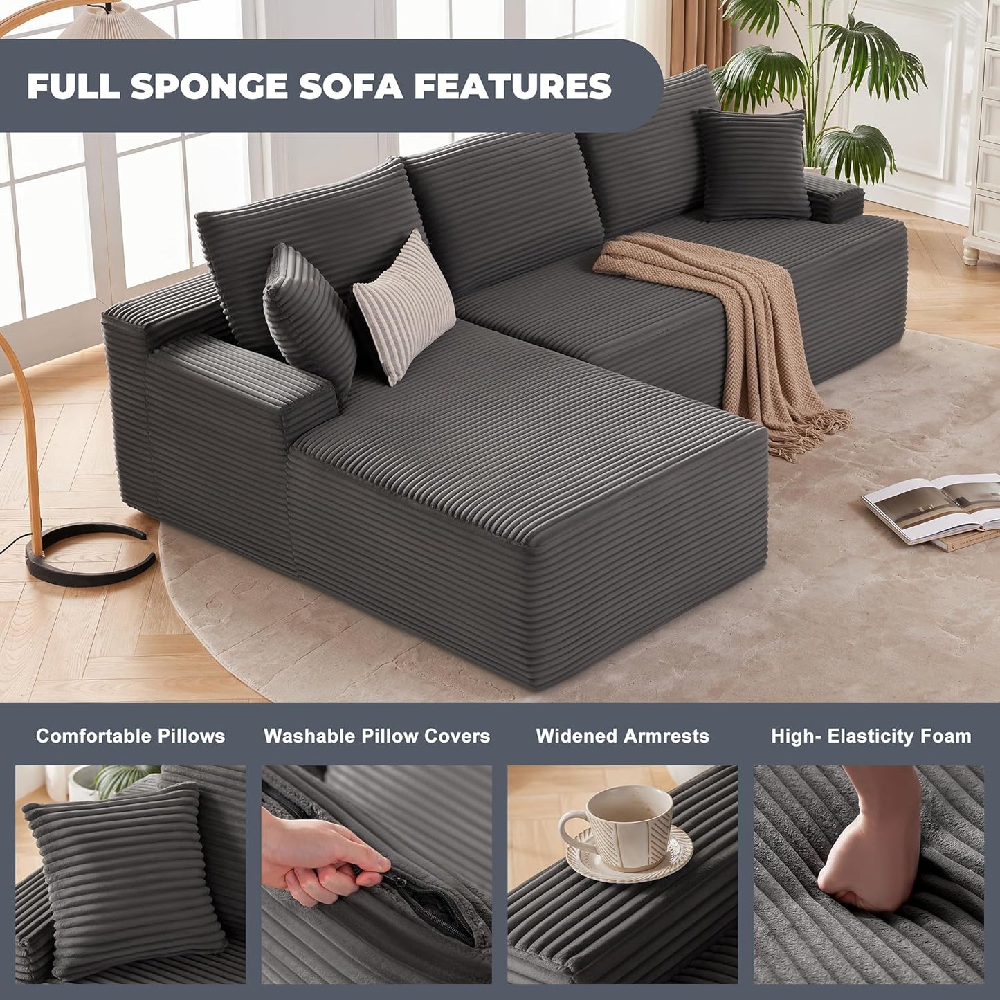 110 Cloud Sectional Couch, Boneless Sofa for Living Room Modular Sectional Sofa with Deep Seat