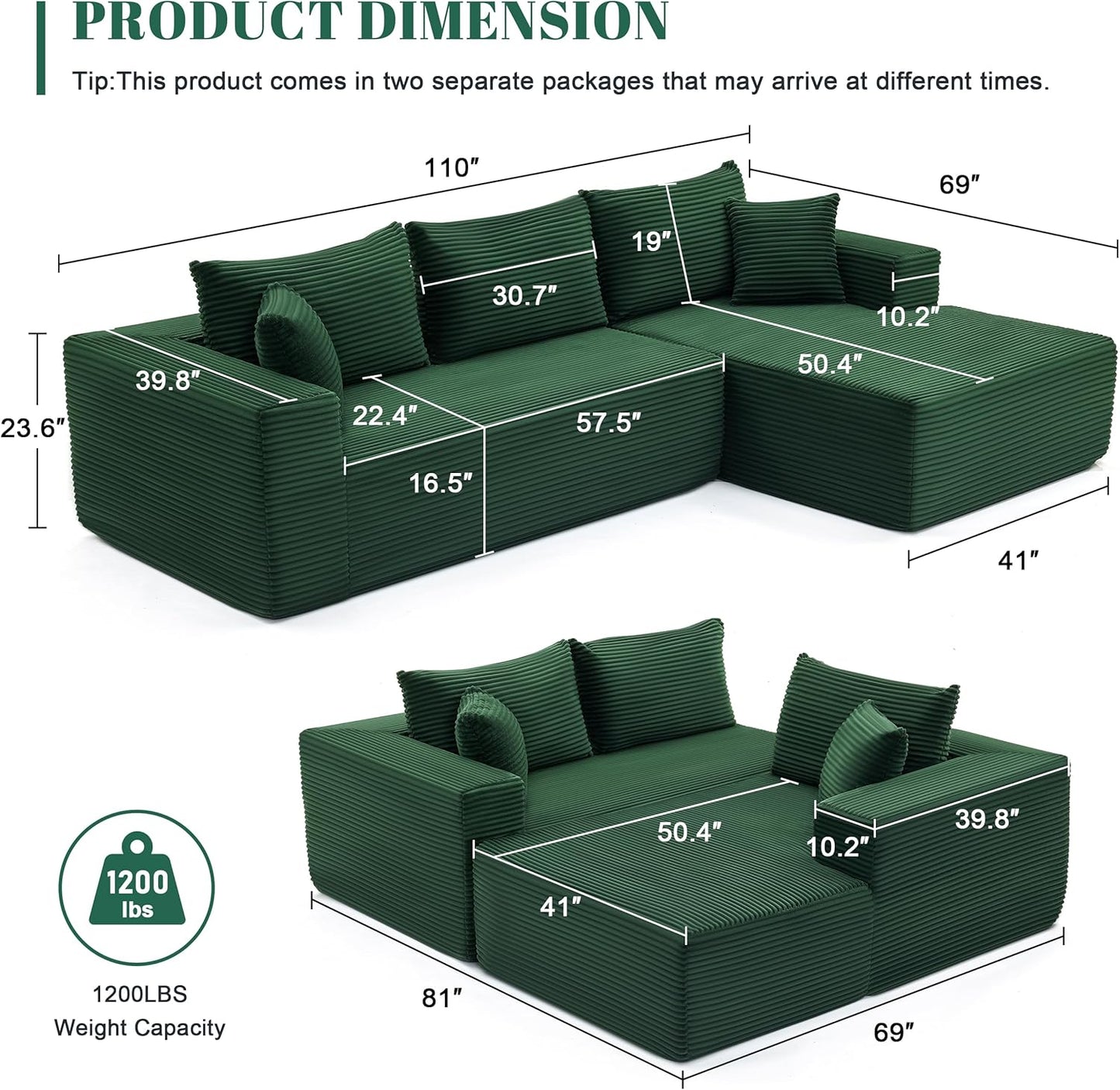110 Cloud Sectional Couch, Boneless Sofa for Living Room Modular Sectional Sofa with Deep Seat