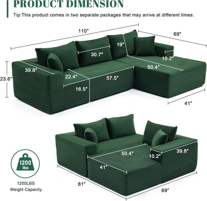 110 Cloud Sectional Couch, Boneless Sofa for Living Room Modular Sectional Sofa with Deep Seat