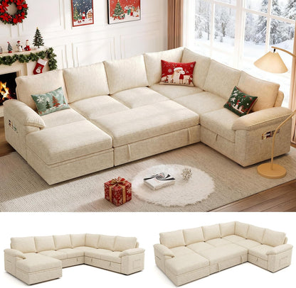 108 Inch Sectional Sleeper Sofa with Pull Out Bed, U Shaped 7 Seat Modular Sectional Sofa