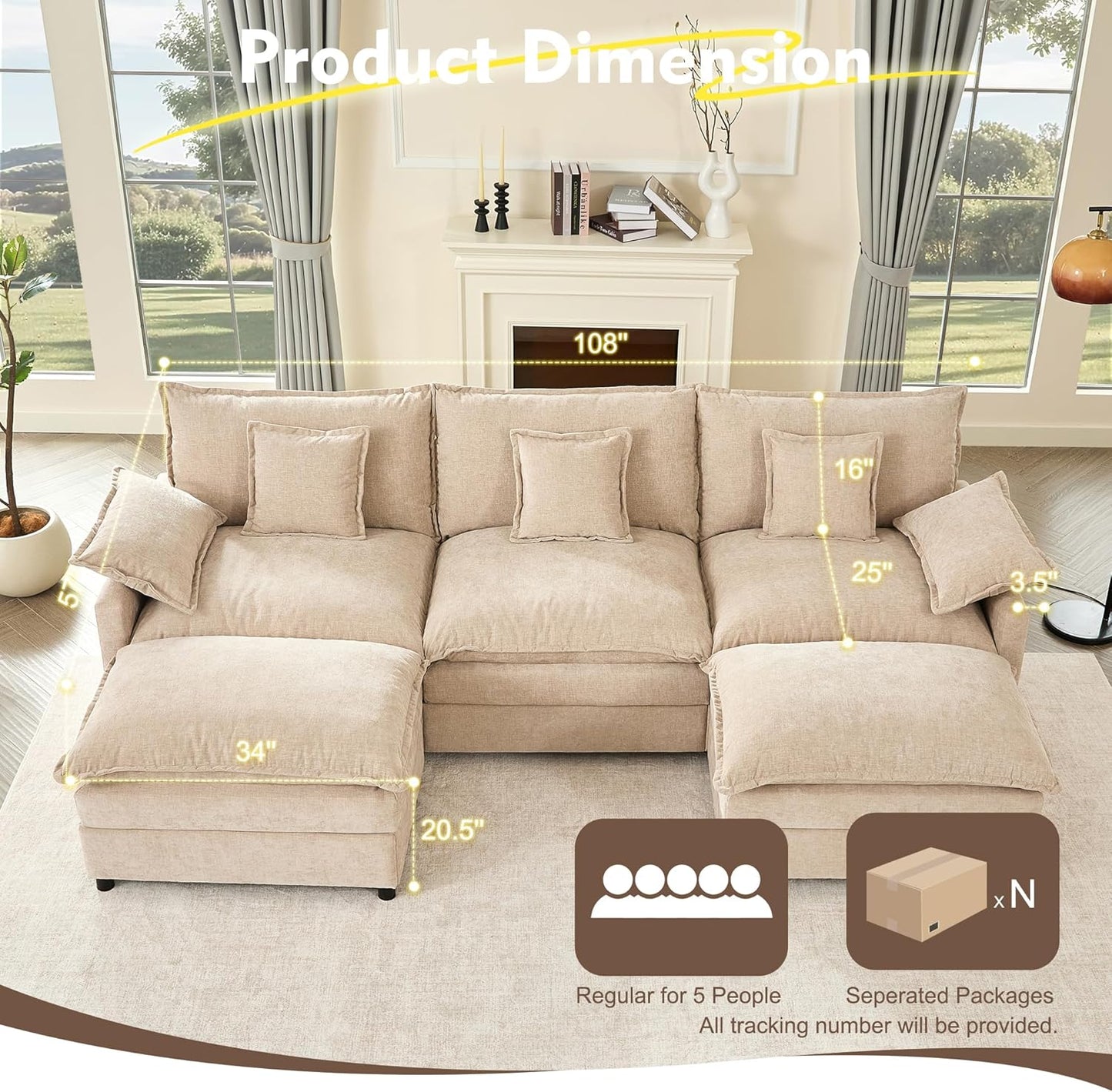 108" U-shaped sofa modular sofa three-seater comfortable cloud sofa