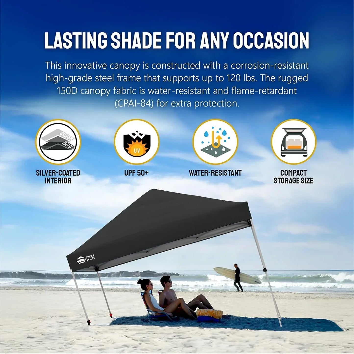 10x10 Pop-Up Awning One-Click Installation Beach Tent Outdoor Sunshade Silver Coated Top