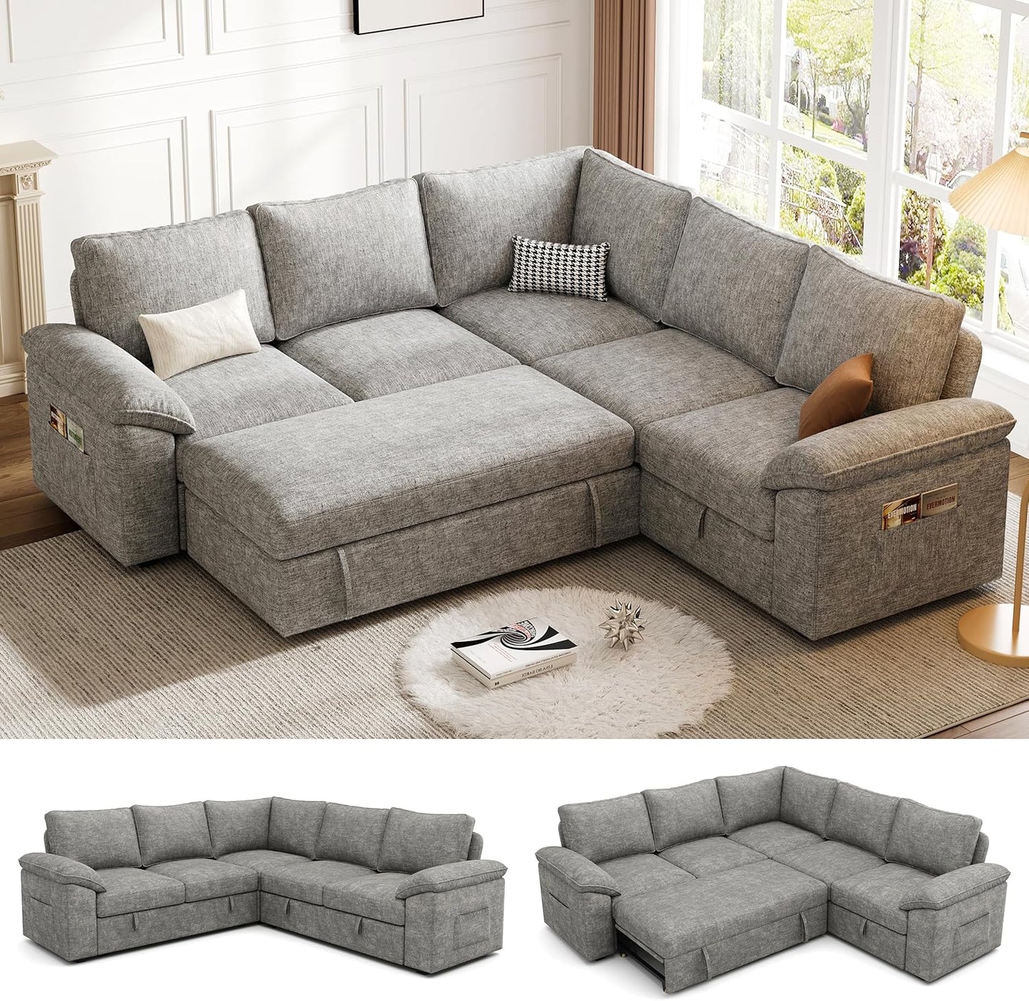 108 Inch Sectional Sleeper Sofa with Pull Out Bed, U Shaped 7 Seat Modular Sectional Sofa