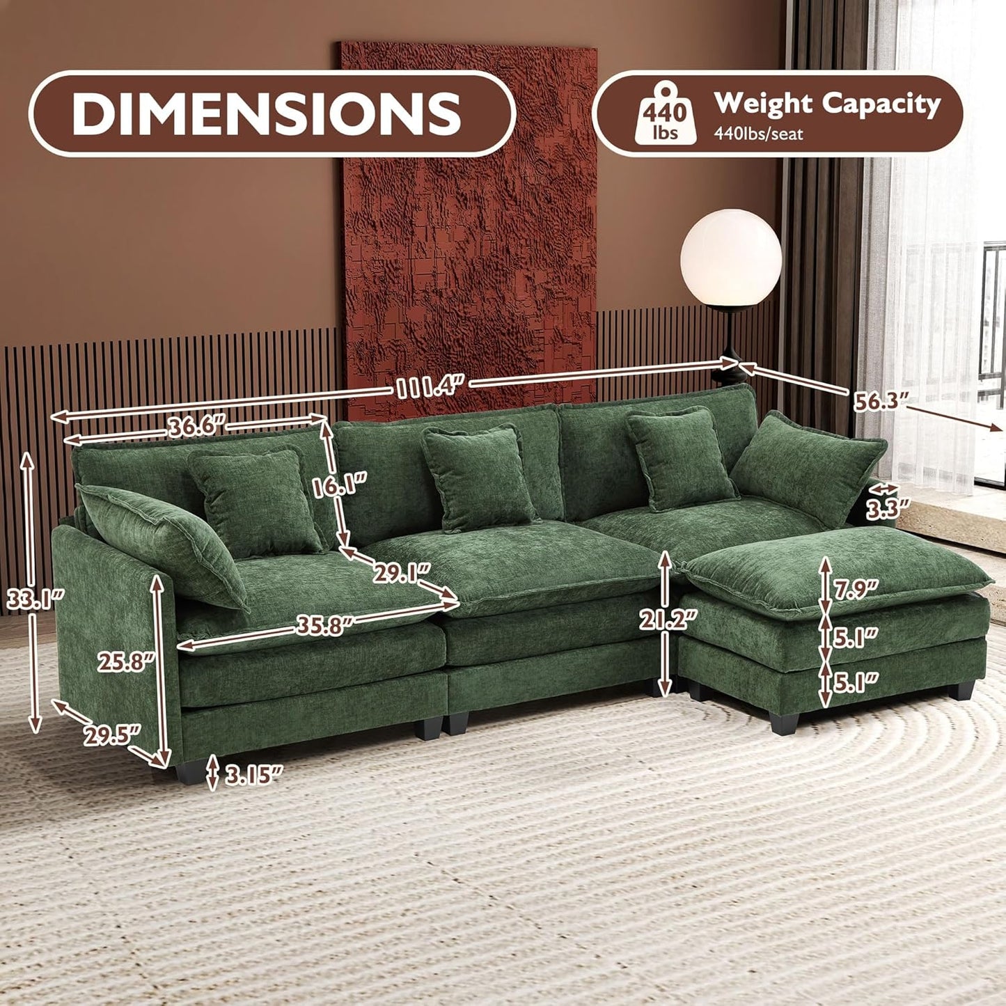 111.4 Inch L Shaped Modern Sofa Modular Cloud Sofa with Ottoman 4 Seater Chenille Deep Seat Sofa