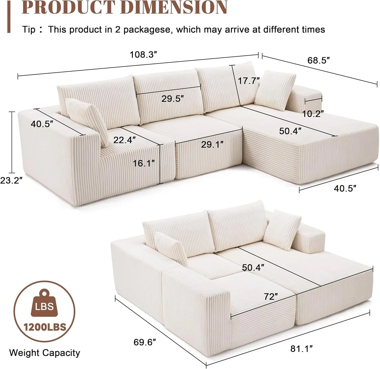 108-inch modular sofa cloud modular sofa with deep seat and reclining chair upholstered sofa