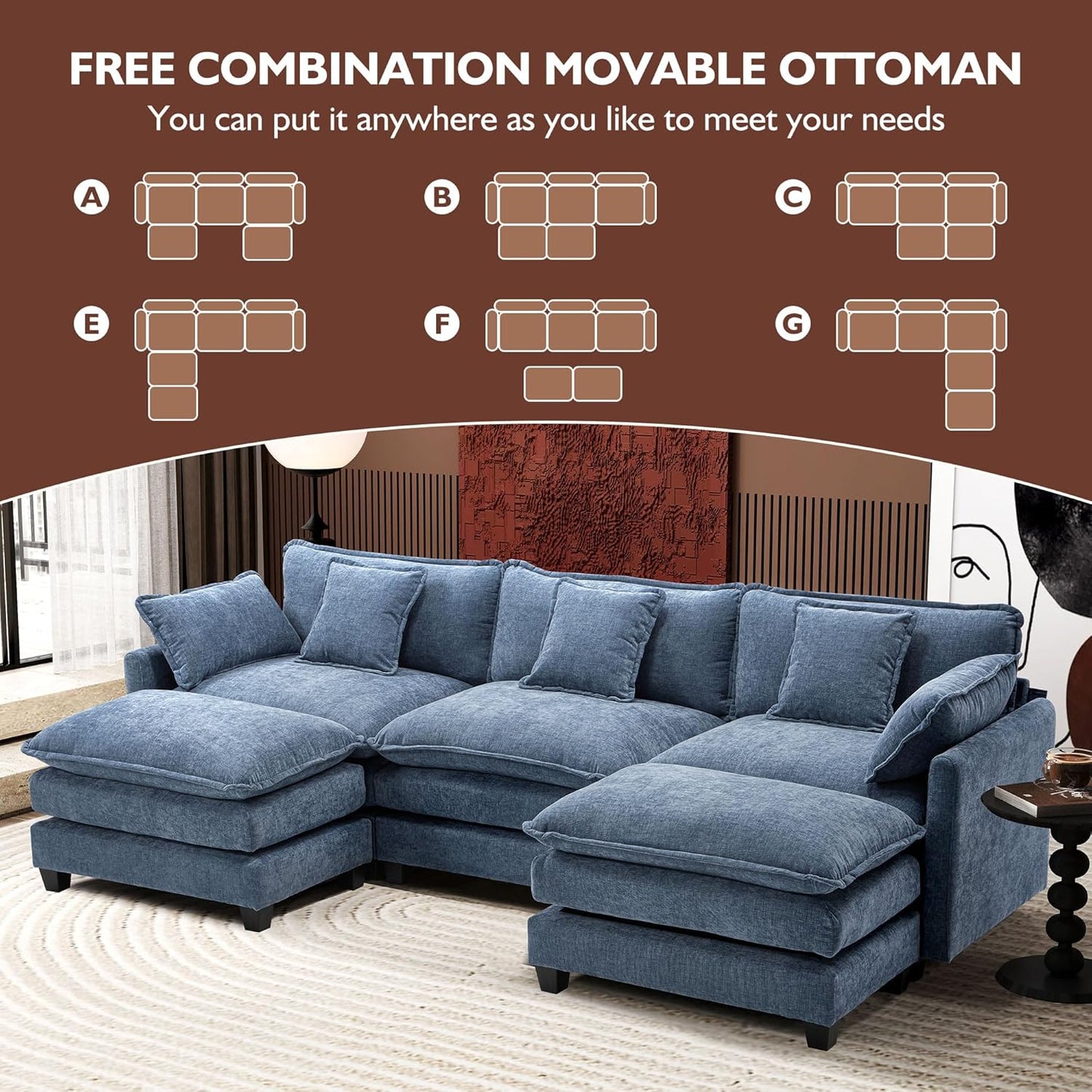 111.4 Inch L Shaped Modern Sofa Modular Cloud Sofa with Ottoman 4 Seater Chenille Deep Seat Sofa