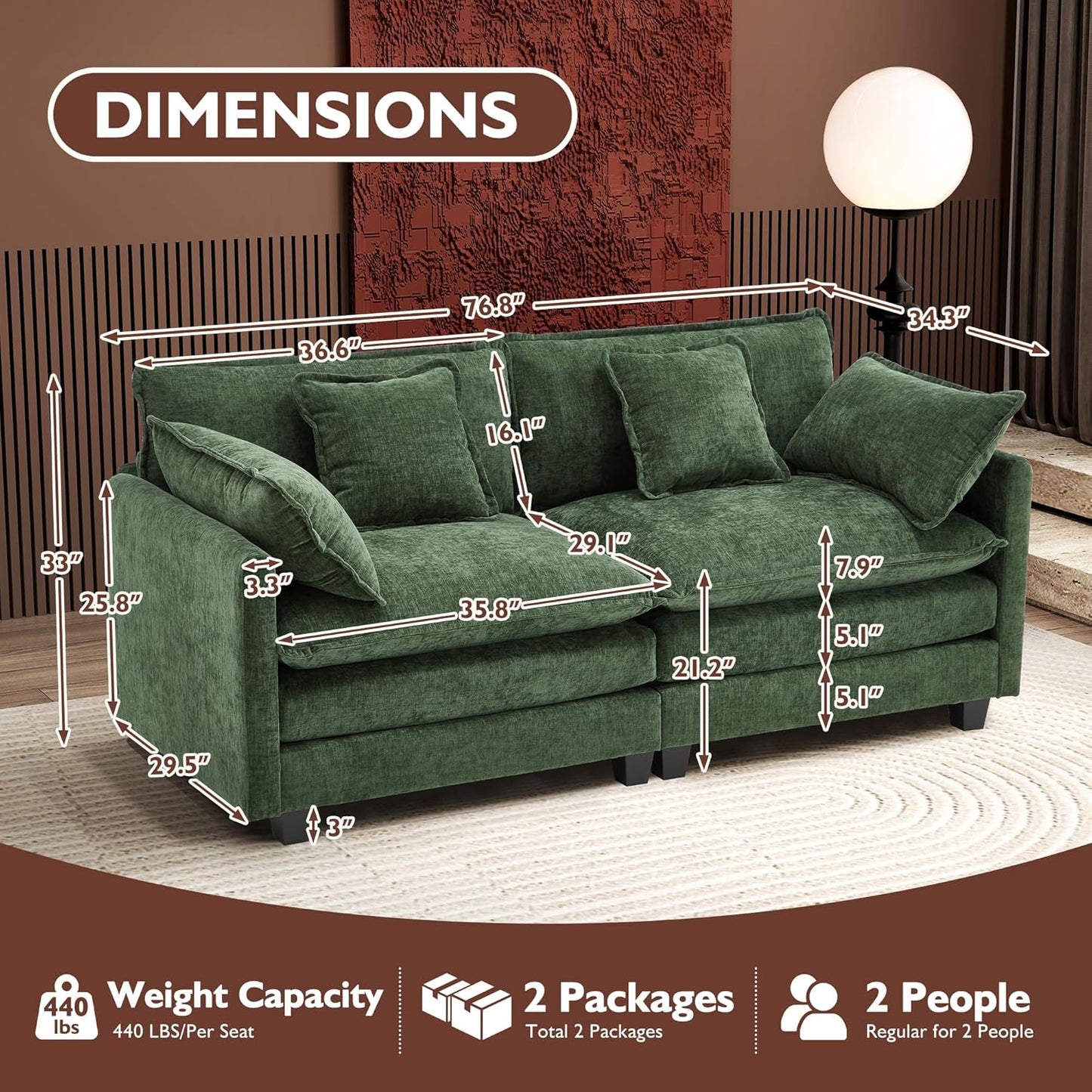 111.4 Inch L Shaped Modern Sofa Modular Cloud Sofa with Ottoman 4 Seater Chenille Deep Seat Sofa