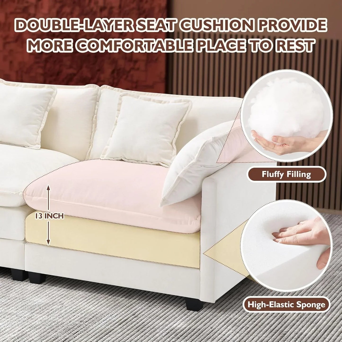 111.4 Inch L Shaped Modern Sofa Modular Cloud Sofa with Ottoman 4 Seater Chenille Deep Seat Sofa