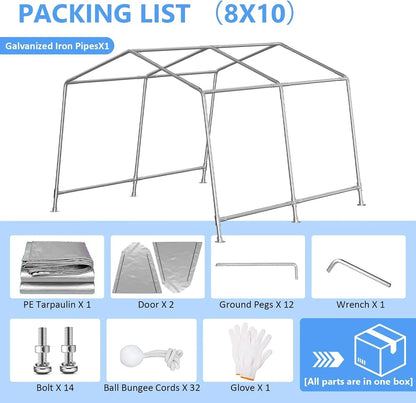 6x8 ft Heavy Duty Carport Tent Portable Garage Removable Side Walls Four Seasons Tarpaulin