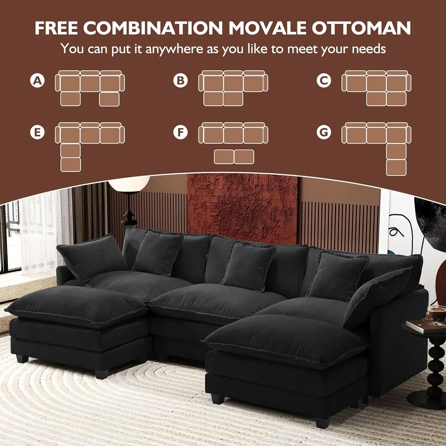 111.4 Inch L Shaped Modern Sofa Modular Cloud Sofa with Ottoman 4 Seater Chenille Deep Seat Sofa