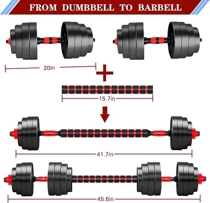 Adjustable dumbbell set, free weight dumbbell pair convertible into barbell
