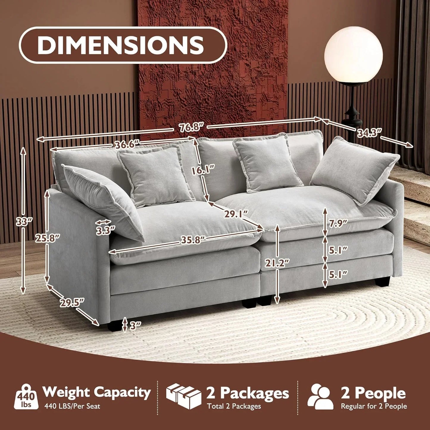 111.4 Inch L Shaped Modern Sofa Modular Cloud Sofa with Ottoman 4 Seater Chenille Deep Seat Sofa
