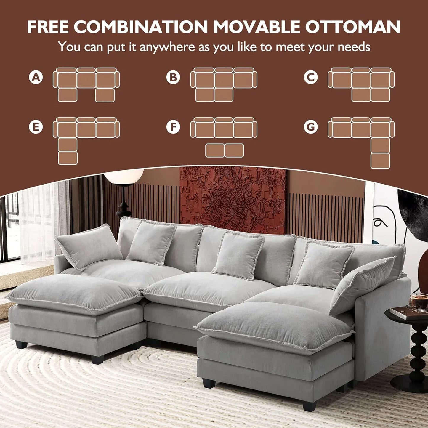 111.4 Inch L Shaped Modern Sofa Modular Cloud Sofa with Ottoman 4 Seater Chenille Deep Seat Sofa