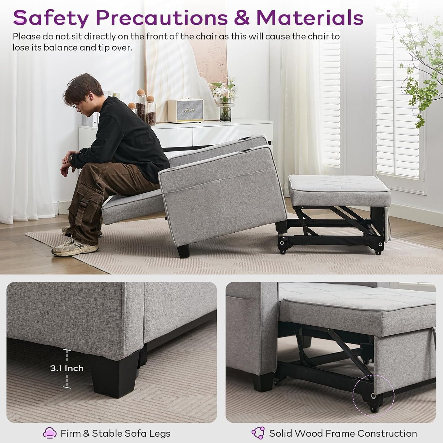 Adult Convertible Sleeper Chair Bed 3-in-1 Pull-Out Sofa Bed with USB/Type-C Ports Cup Holders