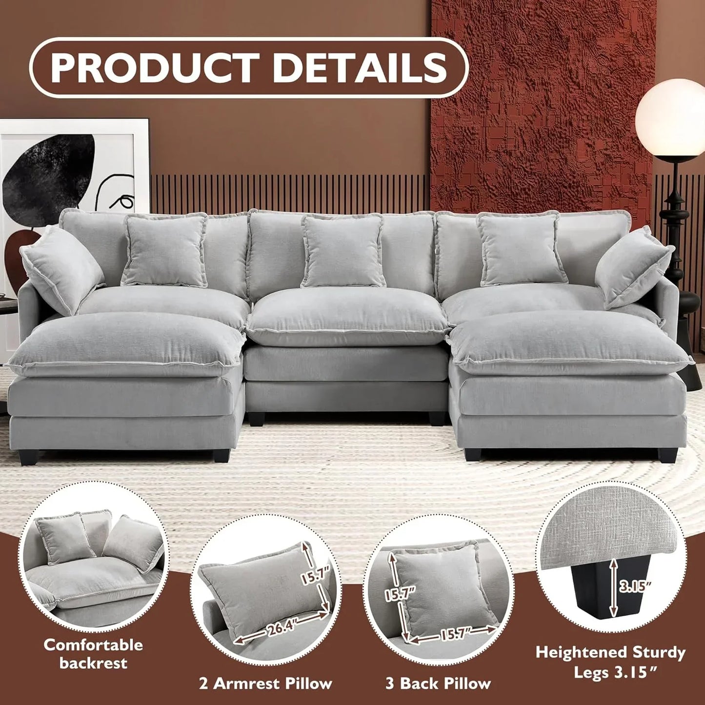 111.4 Inch L Shaped Modern Sofa Modular Cloud Sofa with Ottoman 4 Seater Chenille Deep Seat Sofa