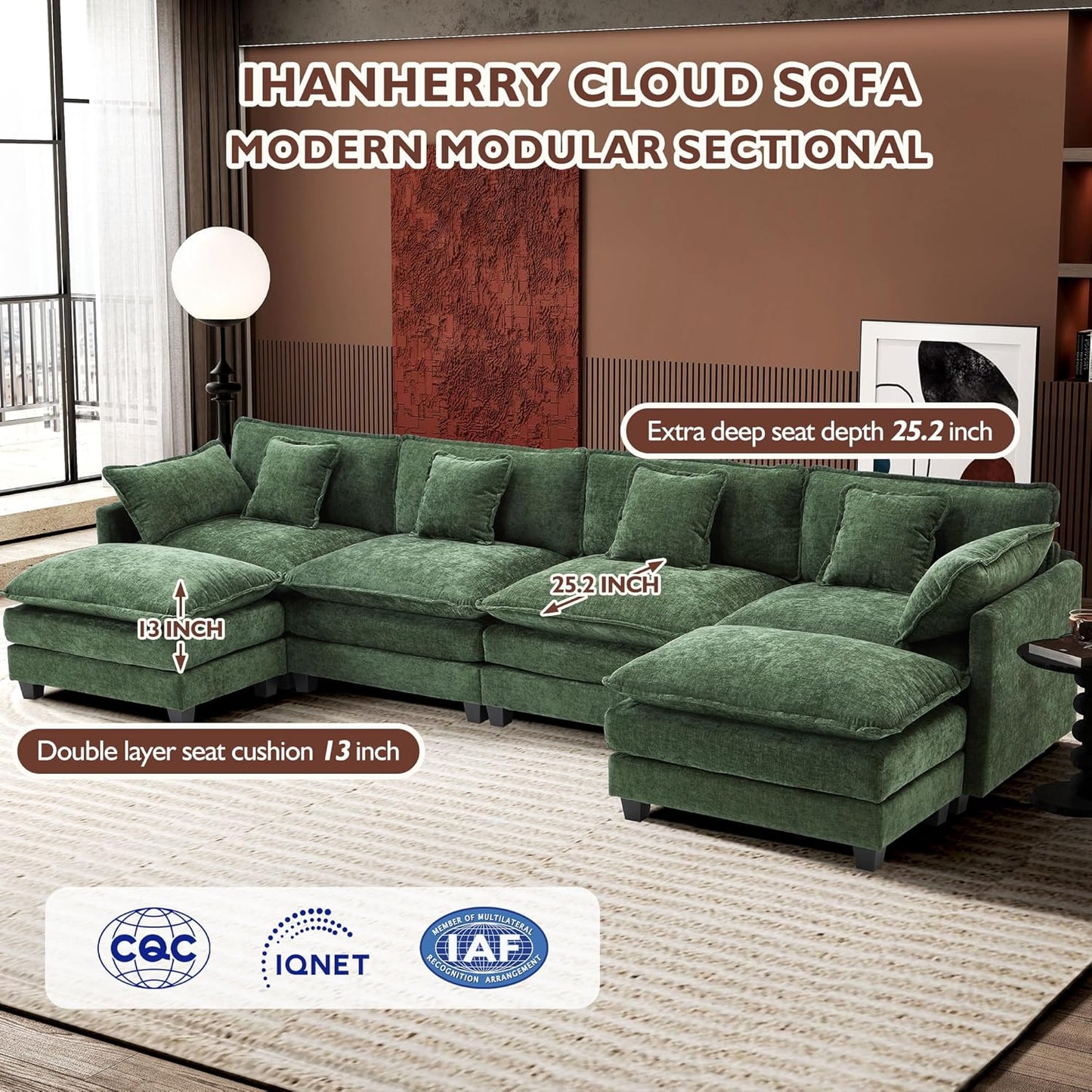 111.4 Inch L Shaped Modern Sofa Modular Cloud Sofa with Ottoman 4 Seater Chenille Deep Seat Sofa