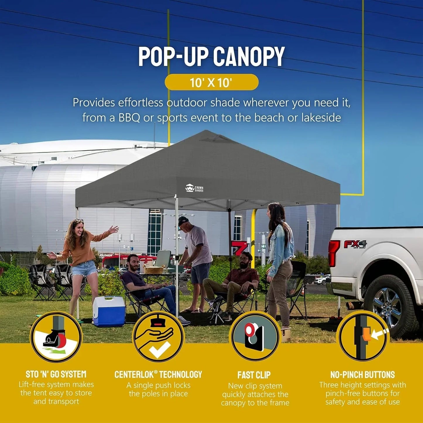 10x10 Pop-Up Awning One-Click Installation Beach Tent Outdoor Sunshade Silver Coated Top