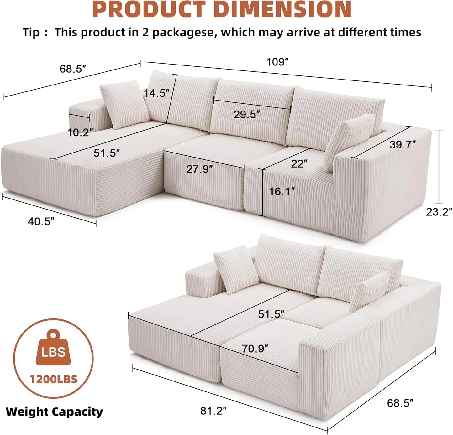 108-inch modular sofa cloud modular sofa with deep seat and reclining chair upholstered sofa
