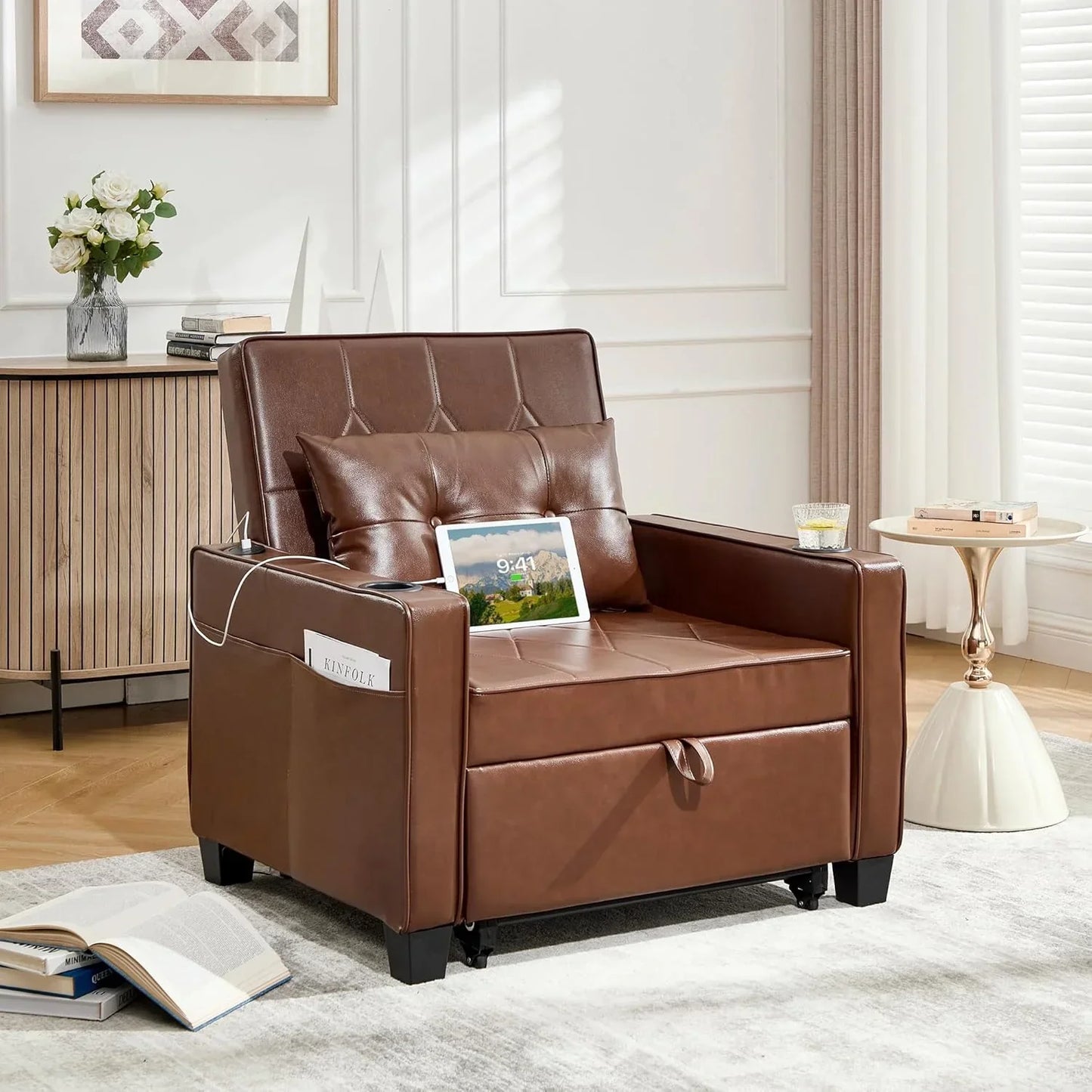 Adult Convertible Sleeper Chair Bed 3-in-1 Pull-Out Sofa Bed with USB/Type-C Ports Cup Holders